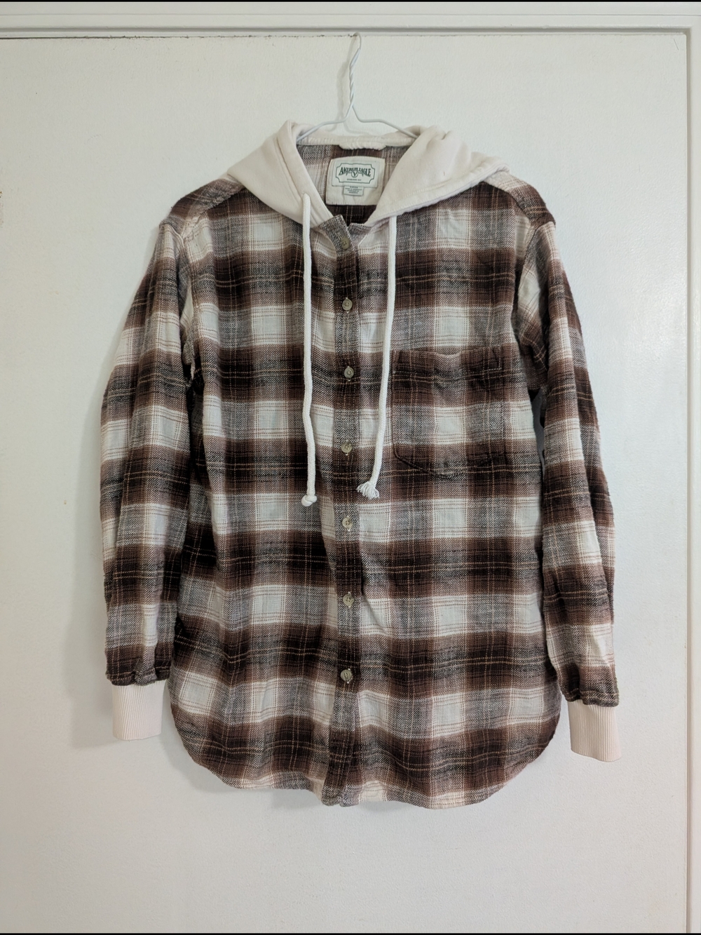 American Eagle Outfitters Brown and White Plaid Button-Front Shirt with Hood